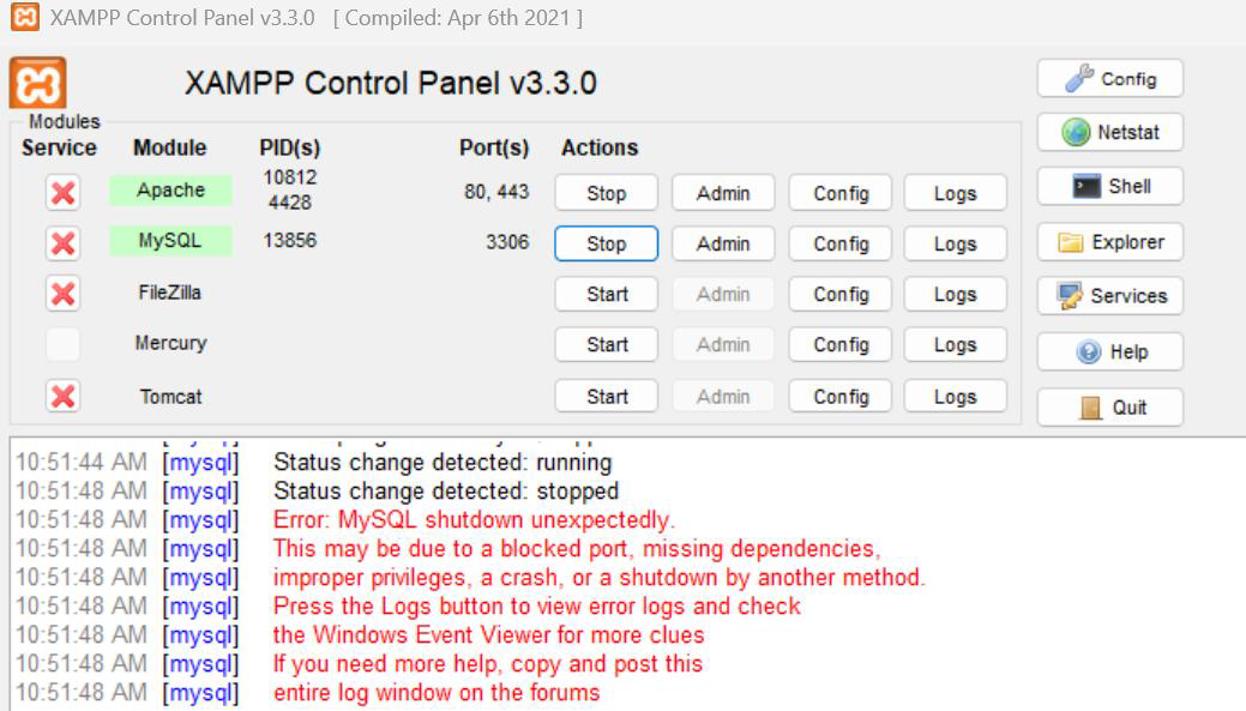 Cách sửa lỗi error: mysql shutdown unexpectedly trên XAMPP